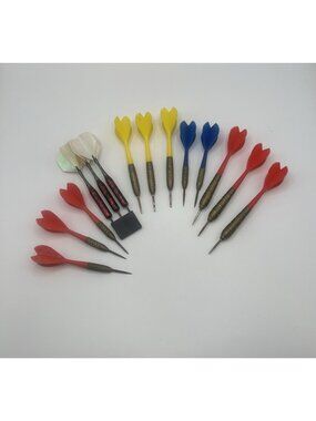 Vintage Unicorn Dart Lot 14 Brass Steel Tip Darts Red Yellow Blue Flights